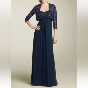 Tadashi Collection Silk Beaded Ruched Long Evening Gown Navy Blue dress Size 6